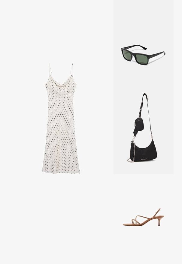 Šaty bez rukávov z jemného, ľahkého materiálu; krémové pozadie s čiernymi bodkami; zavinovací výstrih a voľný strih.; Hnedé sandále s remienkami a minimalistickým dizajnom. Skôr tenký opätok a plochá podrážka, vyrobené z hladkého materiálu s jemnými remienkami.; Čierne obdĺžnikové slnečné okuliare s tmavozelenými šošovkami, vyrobené z plastu, s kovovými detailmi blízko šošoviek a logom značky na spánku.; Čierna nylonová taška cez rameno so zakriveným tvarom, strieborným reťazovým akcentom, odnímateľnou mini taškou a nastaviteľným popruhom; má logo "Steve Madden".