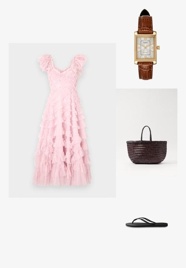 Needle & Thread LOLA BACKLESS BALLERINA DRESS - Kokteiļkleita/ballīšu kleita - misty lilac; Melni čības ar teksturētu gumijas zoli, divām plānām siksniņām un smalku, iespiedotu logotipa detaļu uz siksniņas.; DRAGON DIFFUSION BAMBOO TRIPLE JUMP SMALL - Rokassoma - dark brown; Casio kvarts pulksteins ar taisnstūra zelta tonis korpusu, balto ciparnīcu, zelta stundu marķieriem un brūnu ādas krokodila raksta siksnu. Ūdensizturīgs.