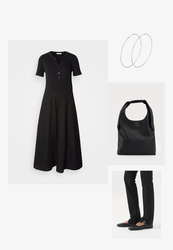 Crna haljina s kratkim rukavima, rebrastim bodicem i kopčanjem dekoltea. Dizajn suknje s flared krojem, glatke teksture, do koljena.; Crne kožne balerinke s uskim vrhom, trakica sa srebrnom kopčom, u kombinaciji s crnim krojenim hlačama s otvorenim rubom.; Crna kožna hobo torba s jednim mekanim, zaobljenim ručkom; karakterizira je glatka tekstura i minimalistički dizajn. Nema vidljivih hardverskih detalja ili akcenata.; Srebrne okrugle naušnice s minimalističkim dizajnom. Kružni oblik, glatka tekstura i tanak profil. Lagane s poliranim završetkom.