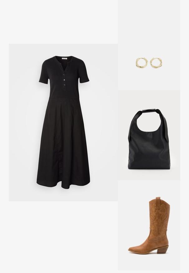 Crna haljina s kratkim rukavima, rebrastim bodicem i kopčanjem dekoltea. Dizajn suknje s flared krojem, glatke teksture, do koljena.; Smeđe kožne kaubojke s oštrim nosom, izvezenim spiralnim uzorcima na gornjem dijelu i blok petom. Imaju potporu za lakše obuvanje.; Crna kožna hobo torba s jednim mekanim, zaobljenim ručkom; karakterizira je glatka tekstura i minimalistički dizajn. Nema vidljivih hardverskih detalja ili akcenata.; Zlatne okrugle naušnice s teksturiranim, nepravilnim oblikom. Imaju nevidljivo zatvaranje i polirani završni sloj, što naglašava moderan dizajn.
