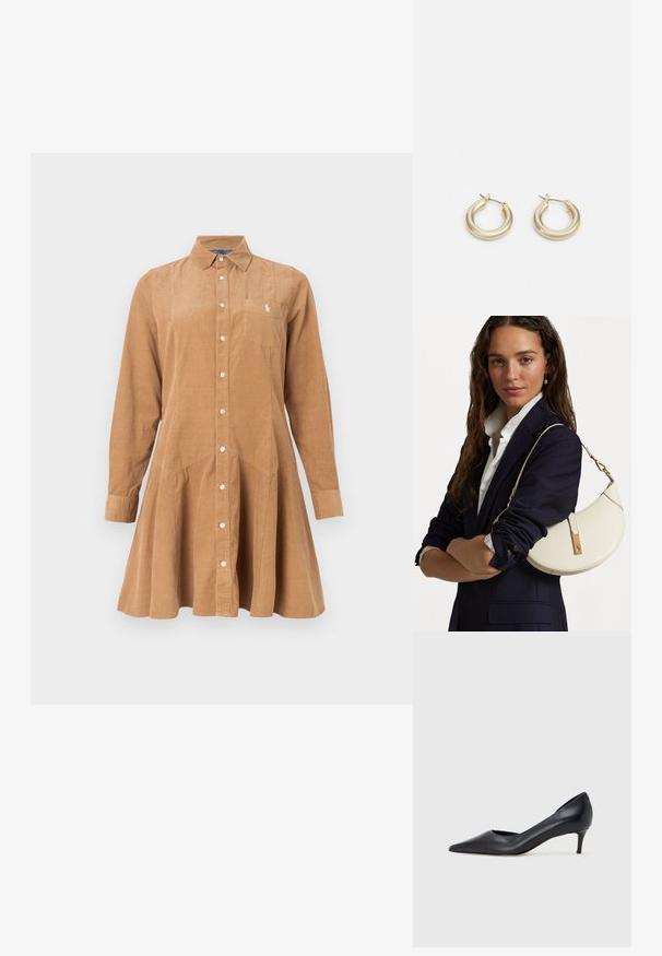 Barna kordbársony ingruha derékvarrással, hosszú ujjakkal, galléros nyakkal, gombos elejű és bal oldali mellzsebbel.; Fekete bőr magassarkú cipő hegyes orral és alacsony sarokkal. Sima felülettel és enyhe fényű kialakítással rendelkezik. Az elején nyitott részlet a fokozott díszítésért.; Fehér bőr táska ívelt formával, arany kiegészítőkkel és texturált felülettel, sötét zakó és fehér ing fölött viselve.; Lauren Ralph Lauren BASIC SMALL HOOP - Fülbevalók - gold-coloured