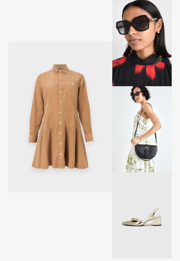 Brun kordfløyelskjortekjole med midtsøm, lange ermer, krage, knapper foran og venstre brystlomme.; Gull, metallisk slingback-hæler med spiss tå og chunky hæl. Glatt tekstur, minimalistisk design og en smal stropp.; Svart oversized solbriller med geometrisk innfatning, mørkt tonede linser og hardware i gulltone, iført med en blomstermønstret topp med høy krage.; Svart lærveske med en buet form, avtagbar stropp og gullbeslag. Vesken har et klaff med spenne-detall.