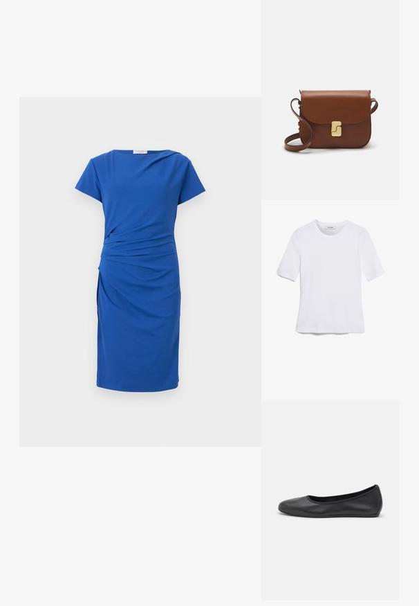 Plava haljina s kratkim rukavima, drapiranim strukom i do koljena dugom nastavkom. Izrađena od rastezljivog materijala, s glatkom teksturom i minimalističkim dizajnom.; Bijela majica s kratkim rukavima izrađena od rebraste tkanine. Okrugli izrez, klasičan kroj i suptilni detalji šivanja. Bez uzoraka ili grafika.; Crne kožne baletanke s zaobljenim vrhom, glatke teksture, minimalnim detaljima šavova i fleksibilnim dizajnom potplata.; Smeđa kožna torba s preklopom, zlatnim detaljima, remenom za nošenje preko ramena i glatkom teksturom. Kompaktni pravokutni oblik.