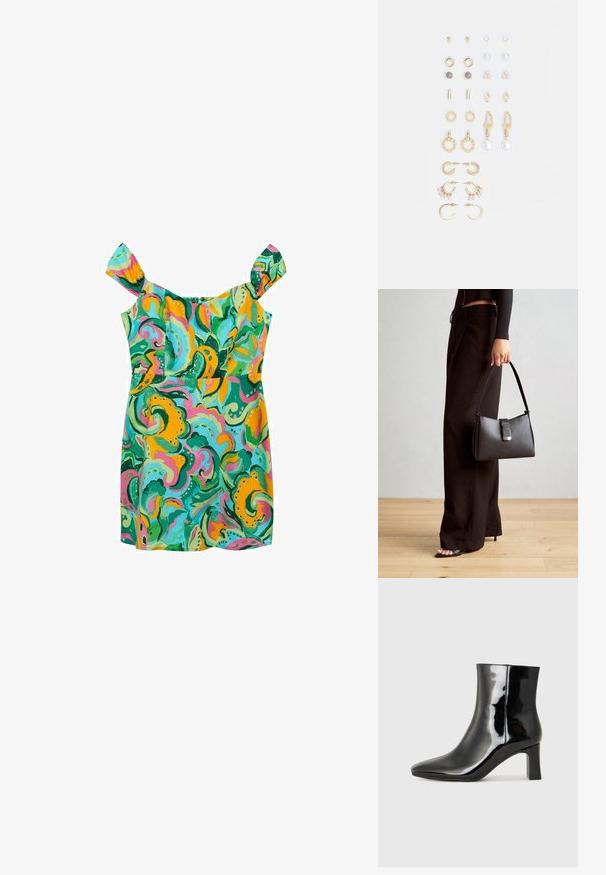 Sukienka bez rękawów z żywym, wirującym wzorem w zielonym, żółtym i różowym kolorze. Materiał jest lekki, z falbanami na ramionach i dopasowanym krojem.; Czarne lakierowane botki za kostkę z wysmukłym noskiem i średniej wysokości obcasem w kształcie słupka. Gładka tekstura i minimalistyczny design.; Czarna torebka o usztywnionym kształcie, gładkiej fakturze i metalowym zapięciem. Połączona z szerokimi czarnymi spodniami i sandałami na otwartym palcu na drewnianej podłodze.; Zestaw kolczyków w kolorze złotym, zawierający różne wzory, w tym klipsy, kółka oraz zwisające elementy z perłami i cyrkoniami.