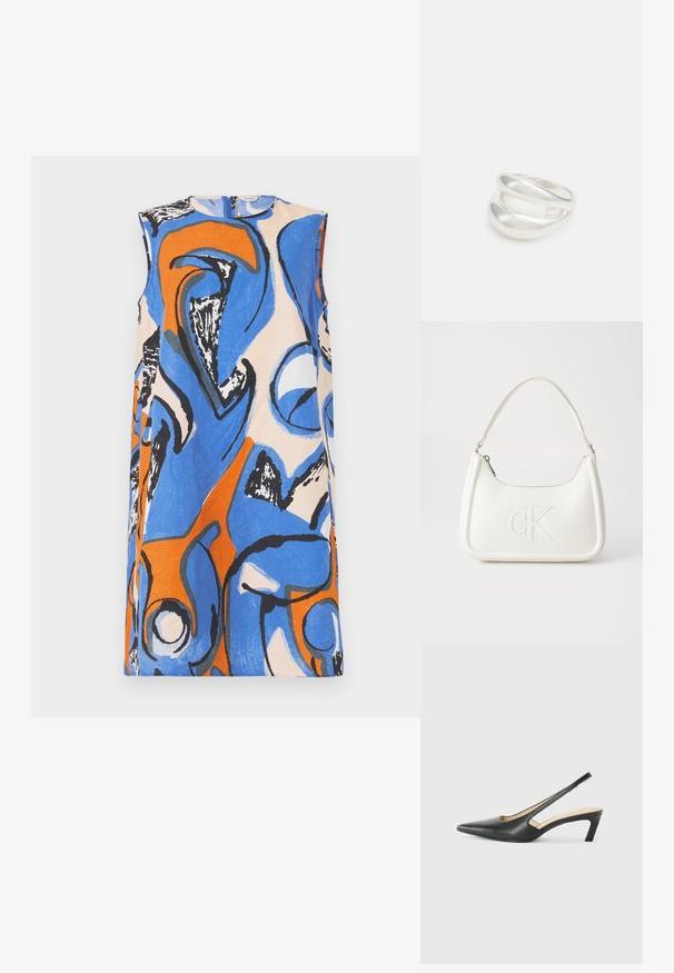 Marimekko ANEMONET ELDFAMN - Denné šaty - blue/peach/orange; Čierne slingback topánky s ostrou špičkou a nízkym opätkom, vyrobené z hladkej kože a s výrezmi na boku pre lepšiu priedušnosť.; Biela kožená kabelka s zakriveným tvarom, na prednej strane s embosovaným logom "CK" a jedným ramenným popruhom. Zipsové zapínanie navrchu.; Strieborný prsteň s dvojitým pásikom s hladkým, lesklým povrchom. Má plynulý, zakrivený dizajn s prekryvajúcimi sa časťami pre moderný vzhľad.