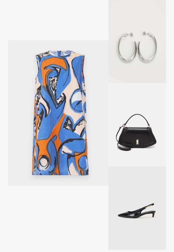 Marimekko ANEMONET ELDFAMN - Freizeitkleid - blue/peach/orange; Schwarze Leder-Slingback-Pumps mit spitzem Schuhblatt, ausgestattet mit einem schlanken Absatz und einem goldfarbigen Akzent am verstellbaren Riemen. Glatte Textur.; Schwarze Lederhandtasche mit einem strukturierten Design, das eine verkürzte Form, einen oberen Griff und goldfarbene Hardware-Details aufweist. Verstellbarer Schulterriemen ist enthalten.; Silberne Creolen mit einem glatten, geschwungenen Design. Mit einem glänzenden metallischen Finish und Steckverschluss. Keine sichtbaren Muster oder Akzente.