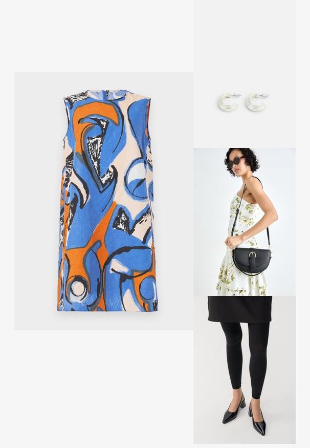 Marimekko ANEMONET ELDFAMN - Päevakleit - blue/peach/orange; Musta sukkpüksid, mida on kombineeritud mustade sandaalidega, millel on terav nina ja plokk-kanna. Materjalid näivad läikivad ja stiilsed.; Mustmust mustraha kõverate joontega, eemaldatava rihmaga ja kuldsete detailidega. Kotil on klapp, millel on pandladetail.; Hõbedatooni kõrvarõngad keerduva rõngakujuga, millel on tekstuuriga pind ja soonikute detailid, mis on kinnitatud postiklapiga.