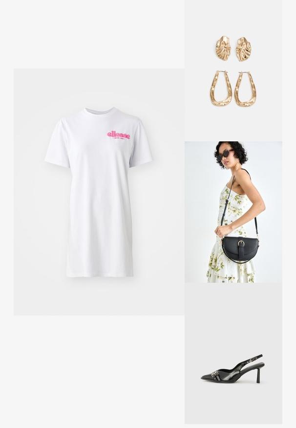 Balta trumpa rankovėmis marškinėlių suknelė, pagaminta iš medvilnės, su apvaliu kaklu ir rožiniu "ellesse" logotipu kairėje krūtinės pusėje.; Juodas lakuotas odinis batelis su smailiu pirštu, kulkšnies dirželiais su sidabrinėmis sagtimis ir detalėmis, bei plonu kulnu.; Juodas odinis krepšys su išlenkta forma, nuimamu dirželiu ir auksiniais detalėmis. Krepšys turi kilpą su sagtimi.; Auksinės auskarai, turintys tekstūruotus, bangų formos elementus. Įeina skulptūriniai segami auskarai ir atviri lankai su išmuštu paviršiumi.