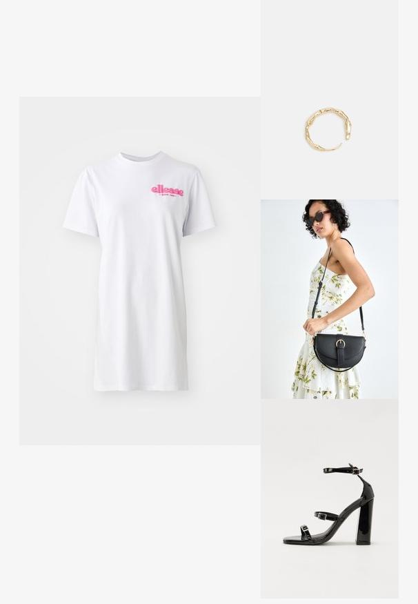 Biała sukienka t-shirt z krótkim rękawem, wykonana z bawełny, z okrągłym dekoltem i różowym logo "ellesse" po lewej stronie klatki piersiowej.; Czarne lakierowane sandały na obcasie z kwadratowym noskiem, z paskami wokół kostki i srebrnymi klamrami. Posiadają masywny słupek dla stabilności.; Czarna skórzana torebka o zakrzywionym kształcie, z odpinanym paskiem i złotymi akcentami. Torebka posiada klapę z zapięciem w kształcie klamry.; Pierścionek w odcieniu złota z organicznym, skręconym wzorem, o gładkiej fakturze i zwężających się końcach, tworzący nowoczesny, rzeźbiarski wygląd.