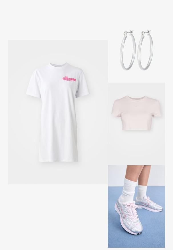 Biele krátke tričko šaty s krátkym rukávom vyrobené z bavlny s okrúhlym výstrihom a ružovým logom "ellesse" na ľavej strane hrude.; Skraćené tričko svetloružovej farby, vyrobené z mäkkej tkaniny. Má okrúhly výstrih a krátke rukávy s malým bielym logom Nike na hrudi.; Bežecké tenisky Nike s strieborným sieťovaným vrchom a ružovými akcentmi, bielymi šnúrkami a štruktúrovanou podrážkou. Nosí sa s bielymi bavlnenými športovými ponožkami.; Strieborné kruhové náušnice s hladkým, lesklým povrchom. Kolový tvar a bezpečné klikanie na uzatváranie. Ľahký dizajn vhodný na každodenné nosenie.