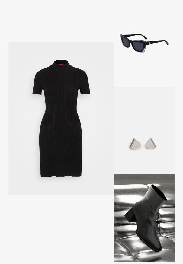 Mustapitsa dress, jossa on korkea kaulus ja lyhyet hihat. Suunniteltu istuvaksi siluetiksi ja sileäksi pinnaksi. Ei huomattavia kuvioita tai koristeita.; Musta nilkkuri, joka on valmistettu kiiltävästä materiaalista, jossa on neliömäinen kärki ja kapeahko kanta, asetettuna kiiltävän hopean tuftatun taustan eteen.; Mustat ylisuuret aurinkolasit, joissa on geometrinen muoto, tummat linssit ja kehykseen erottuva harmaa yksityiskohta. Logo varressa.; Hopea metalliset korvakorut, joissa on sileä, pisaramainen muoto ja kiillotettu pinta. Huomaamattomat kaiverrukset lisäävät yksityiskohtia. Minimalistinen muotoilu.