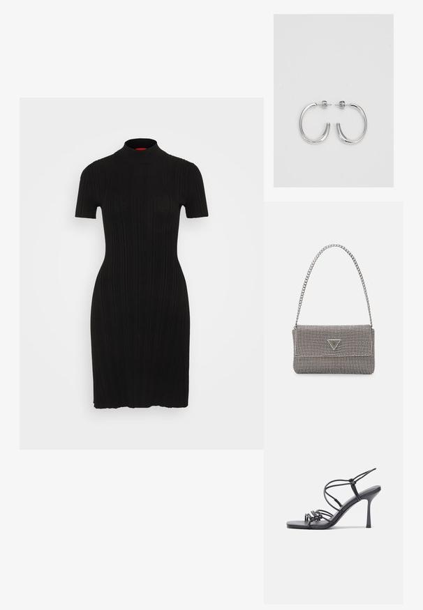 Must mustriga kleit kõrge kaela ja lühikeste varrukatega. Kujundatud istuva siluetti ja sujuva tekstuuriga. Ei mingeid silmapaistvaid mustreid või aktsente.; Mustad musta värvi kontsandaalid on varustatud peente rihmadega, millel on sõlmekujundus, siledad ruudukujulised varbad ja stiilne stilettokonts.; Helehall metallik handbags, millel on kett, kaunistatud väikeste ümmarguste metallist õmblustega ja kolmnurkse brändi logoga.; Hõbedast rõngaskõrvarõngad sileda ja läikiva pinnaga, kõveriku kujuga ning postitaksega sulgur. Minimalistlik disain kaasaegse viimistlusega.