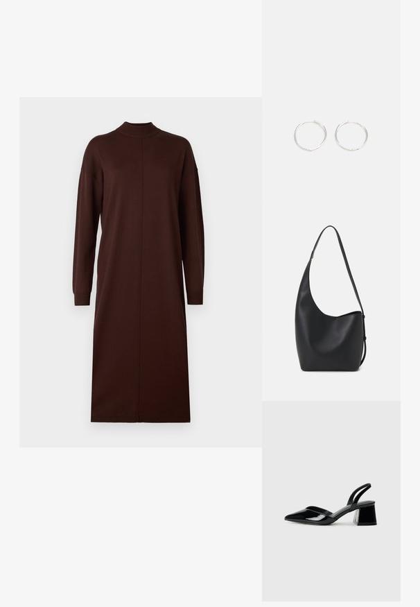 Rochie lungă, maro, cu mânecă lungă, caracterizată printr-un guler înalt, o croială dreaptă și un design fără cusături, dotată cu fante laterale pentru un confort sporit în mișcare.; Pantofi cu toc slingback din piele lacuită neagră, cu vârf ascuțit și toc geometric. Prezintă un design elegant, minimalist și o textură netedă.; Geantă hobo din piele neagră, cu o textură netedă, formă curbată și un singur bretele ajustabil; are o deschidere largă în partea de sus.; Cercei din argint cu un design elegant și rotund, având o suprafață netedă și fără embellismente vizibile. Diametrul nu este specificat.