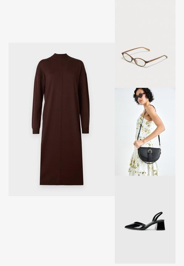 Pruun pikka varrukaga kleit, millel on kõrge krae, sirge lõige ja õmblusteta disain külgmiste lõhikute abil, mis võimaldavad mugavust ja liikumisvabadust.; Mustad musta lakknahk kingad, millel on terav varvas ja geomeetriline plokkkonts. Omab elegantselt minimalistlikku disaini ja sujuvat tekstuuri.; Pruunid kilpkonnaläätsed ovaalsete objektiividega, õhukesed kaared ja läbipaistvad aktsendid. Templi peal on peene logoga. Sujuv, kergesti kandmiseks mõeldud disain.; Mustmust mustraha kõverate joontega, eemaldatava rihmaga ja kuldsete detailidega. Kotil on klapp, millel on pandladetail.