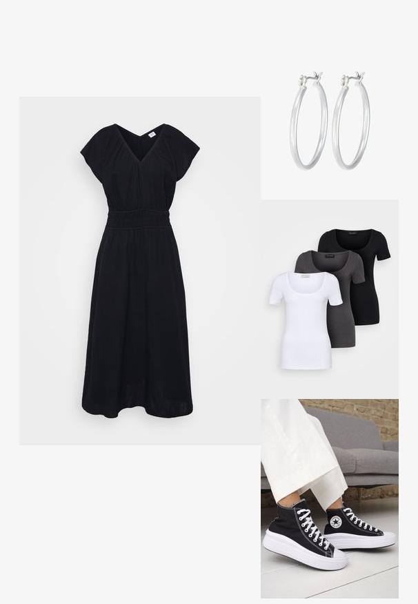 Schwarzes V-Ausschnitt-Kleid mit kurzen Ärmeln, geraffter Taille und fließendem Rock. Hergestellt aus leichtem Stoff mit strukturierter Oberfläche.; Drei figurbetonte T-Shirts in Weiß, Grau und Schwarz. Jedes hat einen weiten Rundhalsausschnitt und kurze Ärmel. Hergestellt aus glattem, elastischem Stoff.; Schwarze High-Top-Sneaker mit weißen Gummisohlen und Schnürsenkeln. Verfügt über ein rundes Logo-Patch und kontrastierende weiße Nähte. Aus Canvas-Material.; Silberne Creolen mit einer glatten, polierten Oberfläche. Runder Form und sicherem Klickverschluss. Leichtes Design, geeignet für den täglichen Gebrauch.