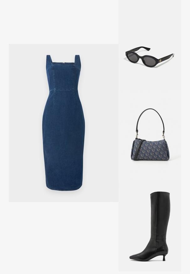 Jeanskleid in Tiefblau mit quadratischem Ausschnitt, tailliertem Schnitt, sichtbaren Nahtdetails und Midi-Länge. Glatte Textur ohne zusätzliche Muster.; Zign Stiefel - black; Schwarze ovale Sonnenbrille mit dunklen Gläsern und glänzendem Kunststoffrahmen. Mit goldenem Logo am Bügel, das ein elegantes und modernes Design bietet.; Blau gemusterte Handtasche aus Stoff, mit geschwungener Form, schwarzem Ledergriff und Logo-Design in einem helleren Farbton.