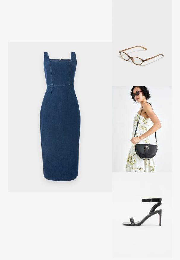 Robe en denim bleu profond avec encolure carrée, design ajusté, coutures visibles et longueur midi. Texture lisse sans motifs supplémentaires.; Sandale noire à talons avec une finition brillante, dotée de deux fines lanières et d'une lanière à la cheville, reposant sur un talon aiguille élancé.; Lunettes en écaille de tortue marron avec des verres ovales, des branches fines et des accents transparents. Présente un logo subtil sur la branche. Design élégant et léger.; Sac à main en cuir noir avec une forme courbée, bandoulière amovible et des accessoires en or. Le sac est doté d'un rabat avec un détail de boucle.