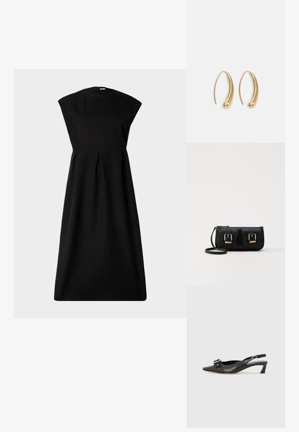 Bally Koktel haljina / svečana haljina - black; Crne kožne sandale s remenčićem i šiljastim vrhom, malim potpeticama i dekorativnom kopčom na gornjem dijelu. Glatka tekstura, minimalistički dizajn.; Crna kožna torba preko ramena s dva prednja džepa, zlatnim kopčama, zatvaranjem na zip i uskim remenom. Teksturirana površina i kompaktan pravokutan oblik.; Zlatne metalne naušnice u obliku obruča s zakrivljenim, izduženim oblikom. Imaju glatku, sjajnu površinu i zaobljeni vrh za dodatni detalj.