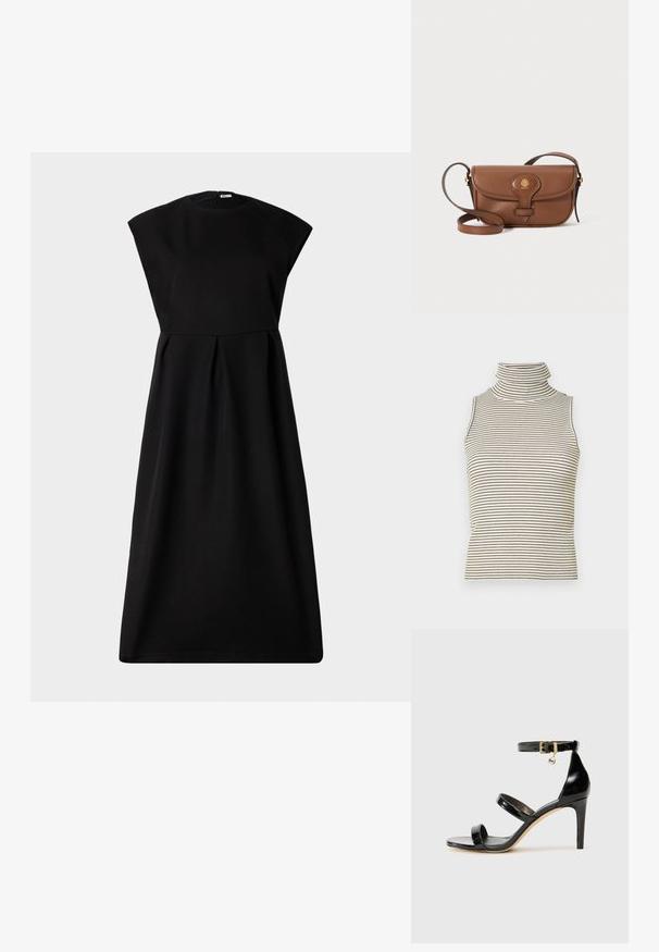 Bally Kokteilikleit/peokleit - black; Varrukateta turtleneck-särk, millel on vertikaalsed mustad ja valged triibud, valmistatud tekstureeritud kudumkangast ning millel on kõrge ja tihedalt istuv krae.; Must musta nahk sandaal kolme rihmaga, pahkluu vööga ja 4-tollise stilettakontsaga. Omab kuldset detaili ja logovõtit.; Pruun nahkne õlakott kaarjas klapiga, kuldsete detailide ja dekoratiivse logoga. Rihm on reguleeritav ja sellel on sile tekstuur.