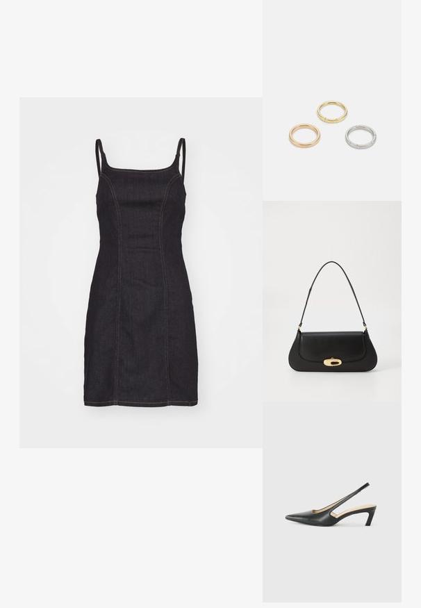 Sötét farmer mini ruha vékony pántokkal, fitted fazonnal, látható varrásokkal és egyenes szegéllyel. Minták nincsenek.; Fekete, hegyes orrú, slingback cipő alacsony sarkával, sima bőrből készült, oldalt kivágott deisgnal a légáteresztőképesség érdekében.; Fekete bőr táska ívelt kialakítással, arany színű fémrészletekkel és felső fogantyúval. Csúszásmentes záródás és sima textúra jellemzi.; Három fémgyűrű: az egyik rose gold, a másik texturált akcentusokkal ellátott arany, a harmadik pedig ezüst, mindegyiken gravírozott márkajelzés található a belső sávon.