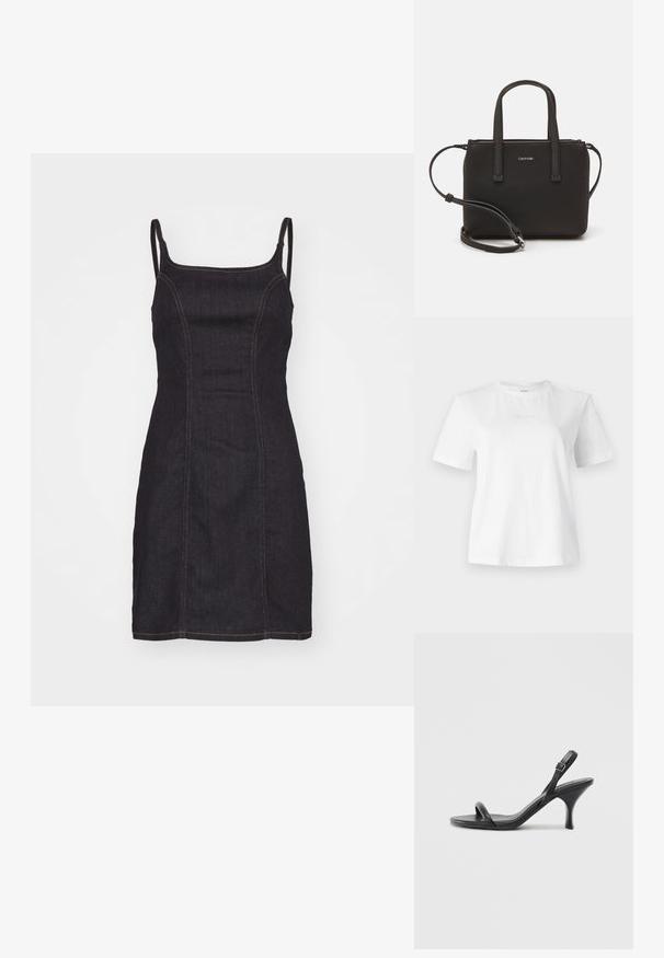 Tamsiai mėlyna džinsinė mini suknelė su plonomis petnešomis, pasižyminti prigludusia forma, matomomis siūlėmis ir tiesia apatine dalimi. Raštų nėra.; Balta medvilnė marškinėliai trumpomis rankovėmis, apvaliu iškirpimu ir subtiliu iškilniu Calvin Klein logotipu priekyje. Lygi tekstūra, klasikinis pjūvis.; Juodos odinės aukštakulnės šlepetės su plonu, kreiviu kulnu ir kryžminiu dirželio dizainu. Reguliuojamas kulkšnies dirželis. Lygus paviršius.; Juoda rankinė su dviem trumpais rankenėlėmis ir nuimamu petį. Lygaus odos tipo medžiaga su užtrauktuku ir logotipo detale.