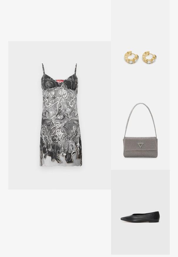 Abito senza maniche in nero e grigio con un motivo astratto a spirale. Presenta spalline sottili e un orlo scallopato discreto. Etichetta del marchio visibile.; Ballerine in pelle nera, punta affusolata, design minimalista, texture liscia, tacco basso, senza hardware o decorazioni visibili.; Borsa a mano metallica grigia chiara con tracolla a catena, impreziosita da piccoli chiodi metallici circolari e da un logo triangolare del marchio.; Orecchini a cerchio in oro con un design testurizzato e tre accenti di cristalli trasparenti su un lato, che offrono un'estetica geometrica moderna.