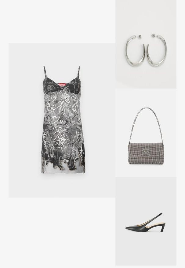 Bezrukávové šaty v čiernej a šedej farbe s abstraktným vírivým vzorom. Majú tenké ramienka a jemný vykrojený lem. Viditeľná značka značky.; Čierne slingback topánky s ostrou špičkou a nízkym opätkom, vyrobené z hladkej kože a s výrezmi na boku pre lepšiu priedušnosť.; Svetlošedá metalická kabelka s reťazovým popruhom, ozdobená malými kruhovými kovovými štítkami a trojuholníkovým logom značky.; Strieborné kruhové náušnice s hladkým, zakriveným dizajnom. Majú lesklý kovový povrch a zapínanie na kolík. Žiadne viditeľné vzory ani akcenty.
