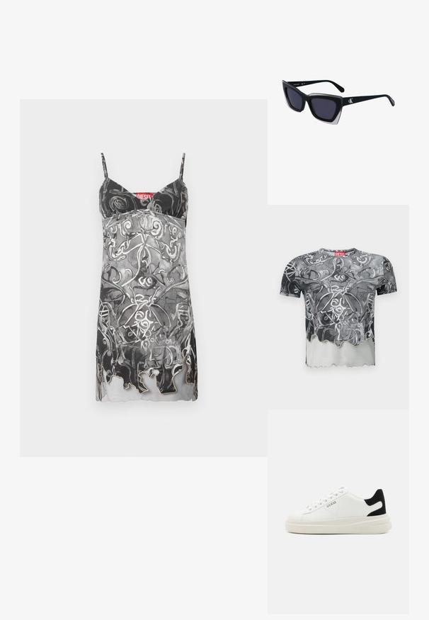 Nebesné šaty bez rukávů v černé a šedé barvě s abstraktním vířivým vzorem. Mají tenké ramínka a decentní vlnkovaný lem. Viditelná značka značky.; Krátký rukáv tričko v černé a šedé barvě s abstraktním vířivým vzorem, s vlnitým lemem a červenou etiketou na výstřihu.; Bílé kožené tenisky s tlustou bílou podrážkou, černým semišovým akcentem na patě a vyraženým logem na boku. Šněrovací design se šesti očka.; Černé oversized sluneční brýle geometrického tvaru, s tmavými skly a kontrastním šedým detailem na rámu. Logo na rameni.