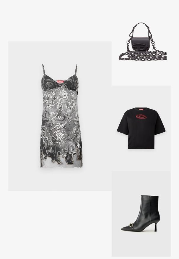 Rochie fără mâneci în negru și gri, cu un model abstract în spirală. Are bretele subțiri și un tiv discret cu margini ondulate. Eticheta brandului este vizibilă.; Tricou scurt, cu mânecă scurtă, de culoare neagră, cu un logo oval brodat, roșu, centrat pe piept.; Botine negre din piele, cu vârf ascuțit, toc subțire de înălțime medie și detaliu cu cataramă argintie pe lateral, pe un fundal simplu.; Geantă mică de culoare neagră, realizată din piele netedă, având o formă rotundă, accentul cu logo în față și o curea texturată.