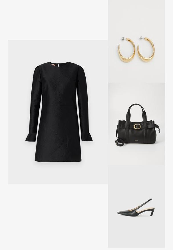 Must musterri musta, tekstuurse mustriga, pika varrukaga, ümmarguse kaeluse ja laienevate mansettidega. Omab võtmeaugu tagumise kinnitust.; Must mustaga, terav varvas, madala kontsaga sildiga king, mis on valmistatud siledast nahast ja mille küljel on lõike disain hingavuse tagamiseks.; Must mustraga nahkakott, millel on struktureeritud disain, kaks ülemist kanda, kuldse tooni pandla aktsent ja esiküljel embosseeritud brändi logo.; Kuldse tooniga kõrvarõngad, millel on sile ja kaarjas disain. Valmistatud metallist, omavad nad stiilset viimistlust ja kinnitust tagaküljelt.