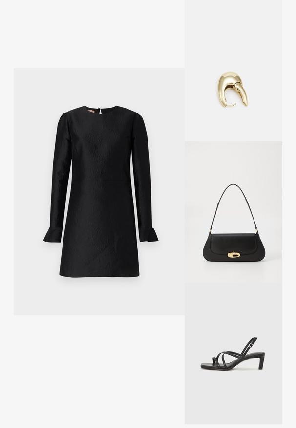 Čierne šaty s dlhými rukávmi, textúrovaným vzorom, okrúhlym výstrihom a rozšírenými manžetami. Obsahujú zapínanie na kľúčovú dierku na chrbte.; Čierne sandále na vysokom podpätku so štvorcovou špičkou a nízkym blokovým podpätkom. Obsahujú viacero tenkých popruhov a nastaviteľný členkový popruh. Vyrobené z hladkej kože.; Čierna kožená kabelka s prehnutým dizajnom, zlatými kovovými detailmi a horným uchom. Má elegantné zatvorenie a hladký povrch.; Náušnice z kovu v zlatej farbe s elegantným, zakriveným dizajnom. Majú charakteristický špicatý tvar, leštený povrch a uzáver na pánt.