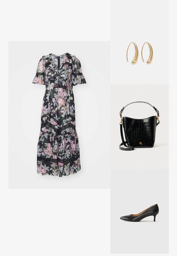 Garā kleita no caurspīdīga melna auduma ar rozā un zaļas krāsas ziedu rakstu, ar plandošām īsām piedurknēm un mežģīņu akcentiem gar šuvēm.; Melnas ādas augstpapēžu kurpes ar pīlādžu purngalu, zemu papēdi un gludu virsmu. Raksturīga neliela atvere priekšā un minimāls aprīkojums aizmugurē.; Melnas krokodila raksts ādas soma ar izliekta formu, zelta aparatūru, regulējamu siksnu un logotipa detaļu priekšpusē.; Zelta toņu metāla gredzena auskari ar izliektu, pagarinātu formu. Ar gludu, spīdīgu virsma un noapaļotu galu papildu detaļām.