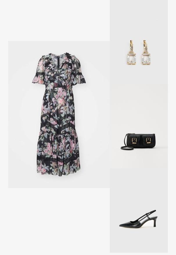 Ilga suknelė iš permatomos juodos medžiagos, su rožinėmis ir žaliomis gėlių raštais, su volanų trumpomis rankovėmis ir nėriniais aplink siūles.; Juodai lakuoti slingback aukštakulniai su smailiu nosiu, su tekstūruotu gyvatės raštu, reguliuojama juosta ir trumpu, tekstūruotu blokiniu kulnu.; Juodas odinis per petį nešiojamas krepšys su dviem priekiniais kišenėmis, auksiniais sagtimis, užtrauktuko uždarymu ir siauromis petnešomis. Textūruota paviršius ir kompaktiškas stačiakampis formatas.; Auksinės spalvos auskarai, kuriuose yra stačiakampis, skaidrus kristalas, kabantis po eile mažų, apvalių skaidrių akcentų. Šiuolaikiškas, modernus dizainas.