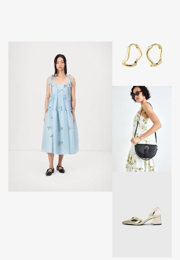 Šviesiai mėlyna midi suknelė su kvadratiniu iškirpimu, plonomis petnešomis ir sluoksniuotu dizainu. Priekyje pritvirtinti kelias audinio kaspinai.; Auksiniai, metaliniai slingback aukštakulniai bateliai su smailiu pirštu ir masyviu kulnu. Lygus paviršius, minimalizmo dizainas ir siaura juostelė.; Juodas odinis krepšys su išlenkta forma, nuimamu dirželiu ir auksiniais detalėmis. Krepšys turi kilpą su sagtimi.; Auksiniai žiedeliai su sklandžiu, bangų formos dizainu. Lygus paviršius, atvira forma ir nematomi užsegimai. Minimalistinis ir modernus vaizdas.