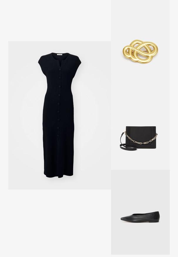 By Malene Birger BIELAS - Φόρεμα σε ίσια γραμμή - black; Μαύρη δερμάτινη μπαλαρίνα, αιχμηρή μύτη, μινιμαλιστικός σχεδιασμός, λεία υφή, χαμηλή τακούνι, χωρίς ορατό υλικό ή διακοσμήσεις.; Μαύρη δερμάτινη τσάντα ώμου με λείο υφή, ορθογώνιο σχήμα και μεταλλική αλυσίδα μπροστά. Περιλαμβάνεται ρυθμιζόμενο λουρί.; Μενταγιόν σε χρυσό τόνο με σχέδιο κόμπου, ομαλές, καμπύλες γραμμές και περίπλοκο σχήμα, που αντανακλά μια γυαλισμένη φινίρισμα.