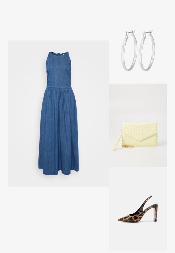 Denim maxi kleit, millel on sobiv põhiosa ja laienev seelik. Rinnast riputatud kaelus, tume sinine värv ja elastne vöökoht mugavuseks.; Leopardimustriga saadaval sanga pump kõrge kontsaga, millel on terav varvas ja läbipaistev plokktald. Valmistatud läikivast materjalist, millel on sile tekstuur.; Kollane kudumine käekott, millel on klapp disain, eemaldatav randme rihm ja kuldne ahelakaunistus. Sile tekstuur ja ristkülikuline kuju.; Hõbedased rõngaskõrvarõngad, millel on sile, läikiv viimistlus. Ümmargune kuju ja turvaline klõpsulatus. Kerge disain, sobib igapäevaseks kandmiseks.