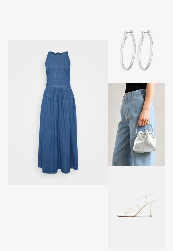 Denimová maxi šaty s priliehavým trupom a rozšírenou sukňou. Dizajn s halter krkom, tmavomodrá farba a elastický pás pre pohodlie.; Biele sandále na vysokom podpätku so štíhlym remienkom okolo členku a plochou základňou na prsty, textúrovaný predok so zhluky akcentov.; Metalická strieborná kabelka s textúrovaným povrchom, zdobená striebornou okrúhlou rukoväťou a uzáverom na šnúrku, držiaca sa pred svetlo modrými džínsami.; Strieborné kruhové náušnice s hladkým, lesklým povrchom. Kolový tvar a bezpečné klikanie na uzatváranie. Ľahký dizajn vhodný na každodenné nosenie.