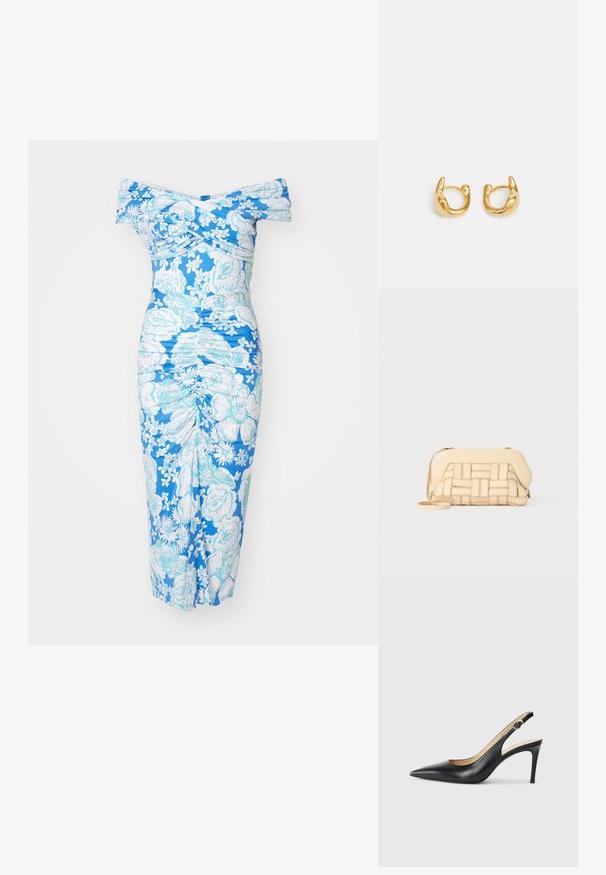 Rochie off-the-shoulder de culoare albastră, cu imprimeu floral alb, având detalii de pliere și o siluetă ajustată, realizată dintr-un material texturat.; Cizme negre din piele cu toc înalt slingback, cu vârf ascuțit, curea ajustabilă și un toc stiletto elegant, având un finisaj neted.; Geantă bej țesută cu un design structurat, având un capac neted și o curea lungă. Detaliile texturate îmbunătățesc aspectul general.; Cercei din aur cu un design neted și rotunjit, având un finisaj lustruit. Cerceii au o formă compactă și chunky și un închizător fără sudură.