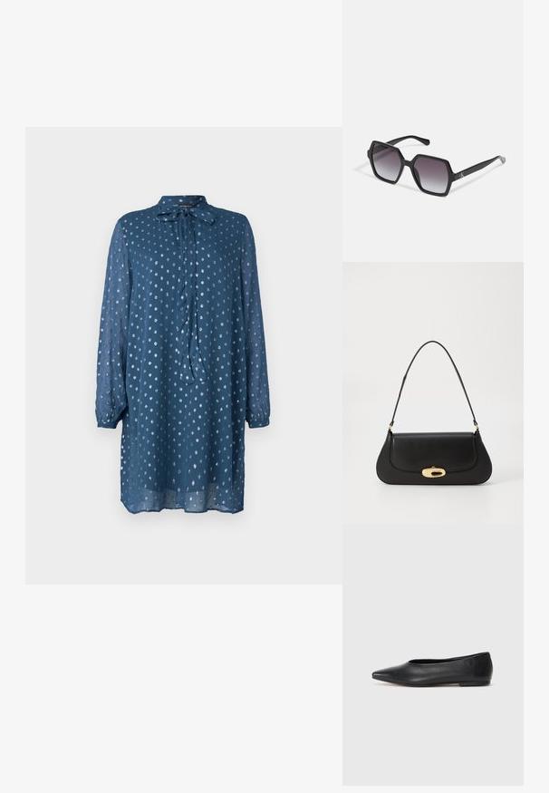 Modrá, dlhá sukňa s dlhým rukávom z ľahkého materiálu s viazaním na krku. Má vzor bodiek a mierne voľný strih, dosahujúci do polovice stehna.; Čierne kožené baletky, špicatý špička, minimalistický dizajn, hladká textúra, nízky podpätok, bez viditeľných prvkov alebo ozdôb.; Čierne hexagonálne slnečné okuliare s gradientovými šošovkami, majú lesklý povrch a diskrétne logo na stranici. Vyrobené z odolného plastu.; Čierna kožená kabelka s prehnutým dizajnom, zlatými kovovými detailmi a horným uchom. Má elegantné zatvorenie a hladký povrch.; Strieborný prsteň s dvojitým pásikom s hladkým, lesklým povrchom. Má plynulý, zakrivený dizajn s prekryvajúcimi sa časťami pre moderný vzhľad.