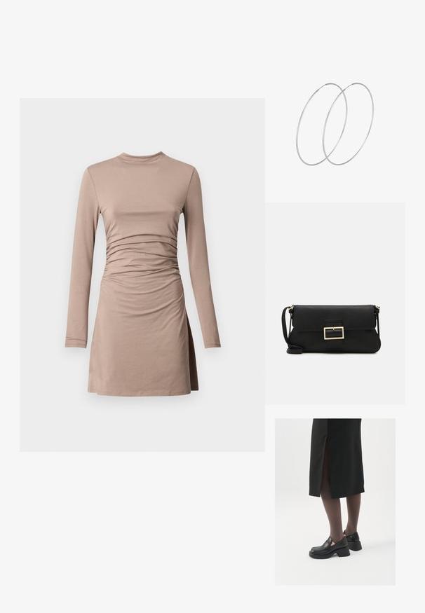 Długa sukienka z długim rękawem do kolan w jasnym beżu, z marszczeniem w talii, z miękkiej tkaniny elastycznej i okrągłym dekoltem.; Czarne skórzane buty z okrągłym noskiem, grubym blokowym obcasem i elastycznymi akcentami po bokach, zestawione z ciemnymi rajstopami i czarną spódnicą z rozcięciem.; Czarna skórzana torebka kopertowa z klapką i detalem w postaci złotej metalowej klamry. Zawiera czarny pasek oraz elegancki, minimalistyczny design.; Srebrne kolczyki w formie obręczy o minimalistycznym designie. Okrągły kształt, gładka faktura i cienki profil. Lekkie, z polerowanym wykończeniem.