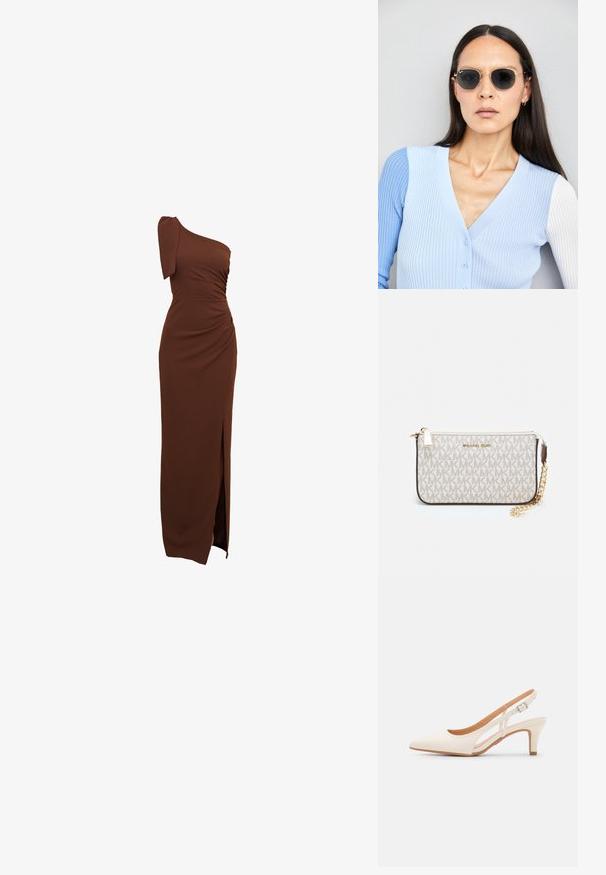 Barna, egyvállas ruha, fodros részletekkel, oldalsó hasítékkal és testhez simuló siluettel, sima, rugalmas anyagból.; Fehér slingback sarok, hegyes orral, sima felső anyaggal, alacsony blokk sarkával és oldalsó kivágott dizájnnal, állítható csatpánttal.; Kerek napszemüveg sötét lencsékkel és arany kerettel. A modellen világoskék, bordázott kardigán van gombokkal és kontrasztos fehér ujjaival.; Michael Kors bézs bevonatos vászon karkötő, amely ismétlődő MK logó mintával, aranyszínű fémrészletekkel és levehető lánchordóval rendelkezik.