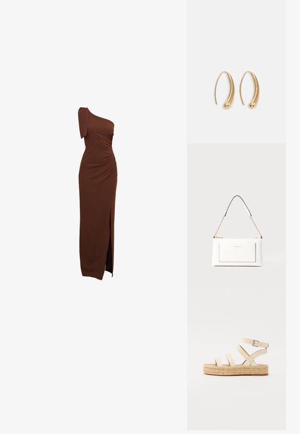 Vestido castanho de um só ombro com detalhes drapeados, uma fenda lateral e um corte justo, feito de um tecido liso e elástico.; Sandal com tiras cruzadas, em couro bege claro, com fivela no tornozelo, apresentando uma sola de plataforma em juta trançada e底 de borracha plana.; Bolsa de mão branca em couro com acabamento texturizado, featuring a corrente dourada e detalhes pretos. Inclui um bolso frontal e fecho com zipper.; Brincos em metal dourado com forma de arco alongado e curvado. Apresentam uma superfície lisa e brilhante, com uma ponta arredondada para um detalhe adicional.