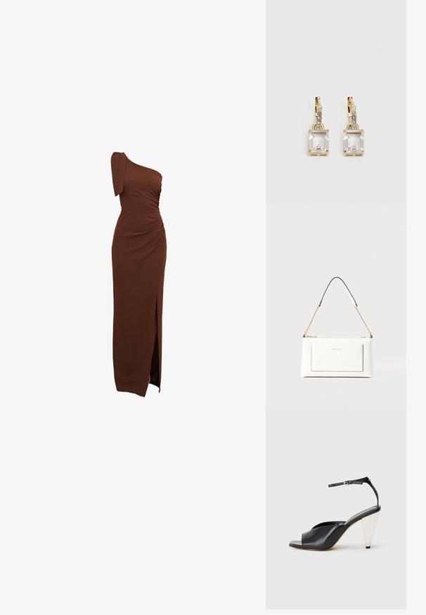 Vestido castanho de um só ombro com detalhes drapeados, uma fenda lateral e um corte justo, feito de um tecido liso e elástico.; Sandal de salto alto em couro preto com bico aberto, design assimétrico, tira no tornozelo e um salto metálico em forma de cone. Textura suave por toda a parte.; Bolsa de mão branca em couro com acabamento texturizado, featuring a corrente dourada e detalhes pretos. Inclui um bolso frontal e fecho com zipper.; Brincos em tom de ouro com um cristal retangular claro pendurado abaixo de uma linha de pequenos acentos redondos claros. Design elegante e moderno.