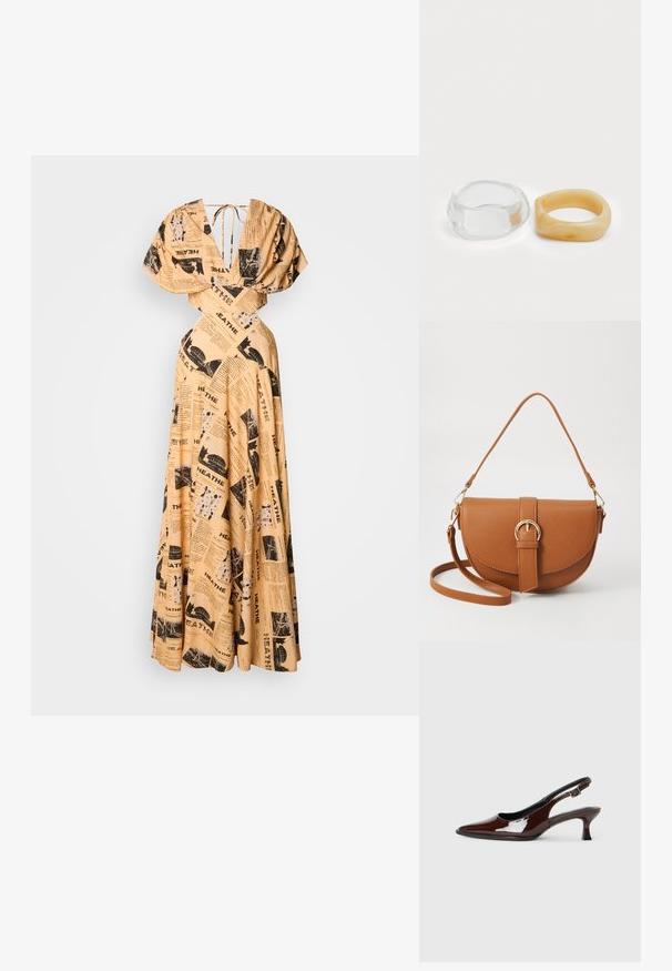 Dlouhé béžové šaty s novinovým potiskem v černé barvě. Mají hluboký výstřih do V, nabírané rukávy a zavazování na zádech. Splývavá sukně s plisováním.; Hnědé lakované kožené slingback boty s špičatou špičkou a mírným podpatkem. Disponují přezkou pro bezpečné upevnění. Hladký povrch.; Hnědá kožená křížová taška s zakřiveným tvarem, zlatými detaily a akcentem s přezkou. Obsahuje odnímatelný popruh na rameno.; Průhledné a jantarové prsteny z pryskyřice, jeden hladký a transparentní, druhý s texturovaným jantarovým povrchem. Oba mají zaoblené, robustní tvary.