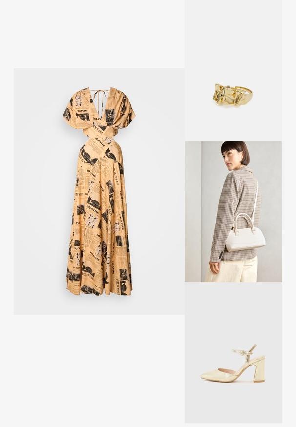 Ilgas, smėlio spalvos suknelė, dekoruota juodu laikraščio atspaudu. Ji turi gilią V formos iškirptę, pūkuotas rankoves ir surišimą nugaroje. Plačios sijono klostės.; Auksinės metalinės kulninės bateliai su smailiu nosiu, kulkšnies dirželis su apvaliu užsegimu ir masyvus kulnas. Lygus paviršius.; Balta struktūruota rankinė su trumpomis rankenomis ir peties diržu, su auksinėmis detalėmis ir tekstūruota medžiaga, pastatyta prieš pilką foną.; Aukso žiedas su tekstūruotu, banguotu dizainu, turintis tris iškilias viršūnes. Lygus, blizgus paviršius su atviromis juostelėmis, leidžiančiomis reguliuoti dydį.