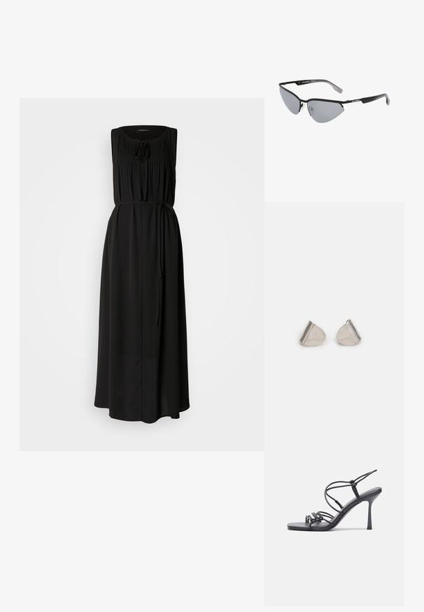 Vestido maxi preto com um design sem mangas, decote franzido e laço na cintura. Feito de um tecido suave com uma silhueta fluida.; As sandálias de salto alto pretas apresentam tiras finas com um design em nó, uma biqueira quadrada lisa e um elegante salto agulha.; Óculos de sol pretos com um design angular de gato. Lentes espelhadas prateadas. Armações de plástico finas e leves com uma marcação discreta nas hastes.; Brincos de metal prateado com uma forma suave de gota e um acabamento polido. Gravações subtis adicionam detalhe. Design minimalista.