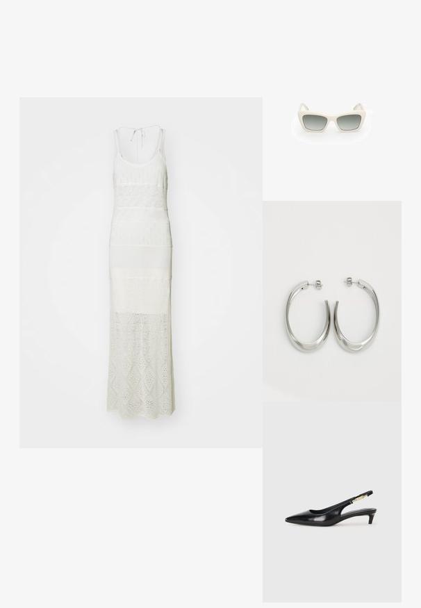 Dlouhé bílé šaty s přiléhavým střihem, které mají strukturovaný pletený vzor, široké ramínka a kulatý výstřih. Detail vázání na zádech.; Černé kožené boty na podpatku s otevřenou patou a špičatou špičkou, s tenkým podpatkem a zlatým akcentem na nastavitelném pásku. Hladký povrch.; Sluneční brýle s kočičím designem, bílý plastový rám, šedé gradientové čočky a tenké nožičky s jemným detailem značky.; Stříbrné kruhové náušnice s hladkým, zakřiveným designem. Vyznačují se lesklým kovovým povrchem a zapínáním na patent. Žádné viditelné vzory nebo akcenty.