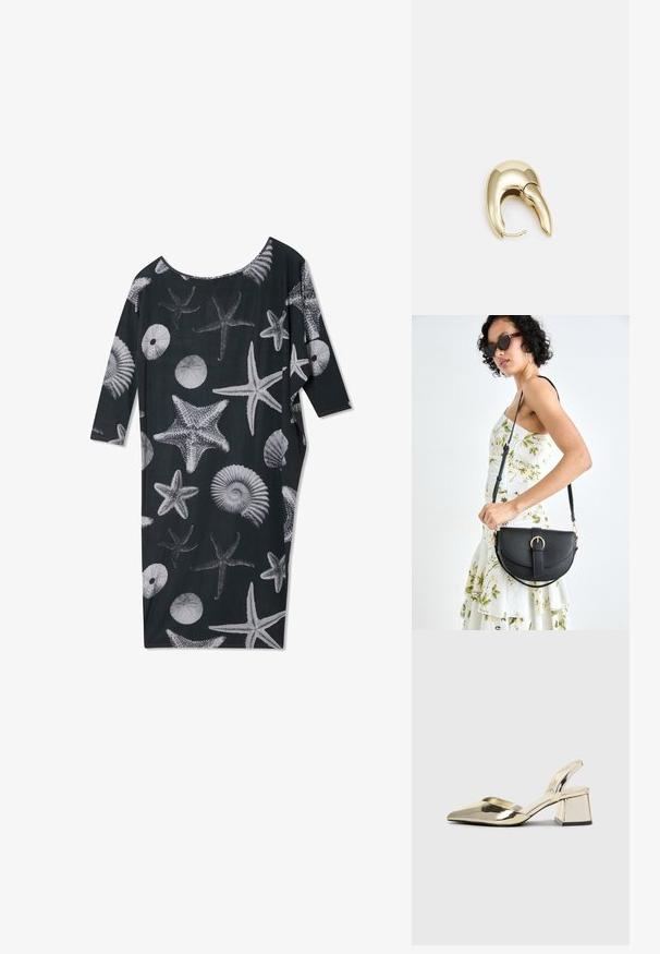 Czarna sukienka o luźnym kroju i szerokim dekolcie, z białymi wzorami muszelek i gwiazdek morskich na całej powierzchni. Rękawy o długości trzy czwarte.; Złote, metaliczne szpilki z boku z wydłużonym noskiem i grubym obcasem. Gładka faktura, minimalistyczny design i wąski pasek.; Czarna skórzana torebka o zakrzywionym kształcie, z odpinanym paskiem i złotymi akcentami. Torebka posiada klapę z zapięciem w kształcie klamry.; Złote metalowe kolczyki o eleganckim, zakrzywionym kształcie. Posiadają charakterystyczny szpiczasty kształt, polerowaną powierzchnię oraz zapięcie na zawias.