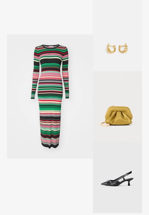 Long-sleeve, ribbed dress featuring multicolored horizontal stripes in green, red, black, and beige. Form-fitting, crew neck design.; Black leather slingback shoe with a pointed toe, decorative straps featuring metal eyelets, and a low block heel. Textured surface.; Yellow, soft-textured clutch bag with a structured top, gathered base, and a thin, detachable strap. Zippered closure at the top.; Gold hoop earrings featuring a smooth, rounded design with a polished finish. The earrings have a compact, chunky shape and a seamless clasp.