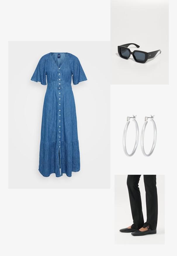 Denim-Maxikleid mit kurzen, ausgestellt geschnittenen Ärmeln, V-Ausschnitt, Knopfleiste vorne und gestuftem Rüschensaum. Blaues Gewebe mit subtiler Textur und Raffungen in der Taille.; Schwarze Leder-Ballerinas mit spitzer Zehenpartie, Riemchen mit silberner Schnalle, kombiniert mit schwarzen taillierten Hosen mit Schlitzsaum.; Schwarze, übergroße Sonnenbrillen mit geometrischem Design, rechteckigen Gläsern und glänzender Oberfläche. Keine sichtbaren Markenkennzeichnungen auf der Vorderseite.; Silberne Creolen mit einer glatten, polierten Oberfläche. Runder Form und sicherem Klickverschluss. Leichtes Design, geeignet für den täglichen Gebrauch.